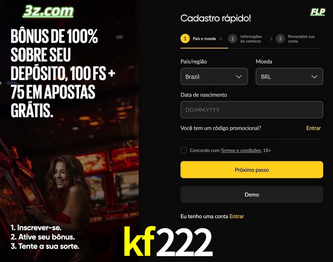 kf222 registro oficial cassino online Brasil com bônus de depósito e free spins